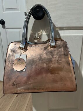 Vegan Metallic Rose Gold Satchel with Silver Handles
